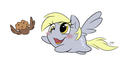 Size: 5500x3000 | Tagged: safe, artist:fakskis, character:derpy hooves, species:pegasus, species:pony, chubbie, 30minuteschallenge, blushing, chase, chibi, cute, cutie mark, derpabetes, female, flying, food, muffin, open mouth, smol, solo, wings