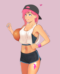 Size: 855x1062 | Tagged: safe, artist:noah-x3, oc, oc:neon flare, species:human, armband, armpits, backwards ballcap, ball, baseball cap, basketball, belly piercing, blue eyes, cap, clothing, cutie mark on human, freckles, happy, hat, heart, humanized, humanized oc, legs, pink background, pink hair, sexy, shorts, simple background, smiling, solo, sports, sports bra, tank top, thighs, tomboy, wristband