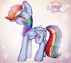 Size: 3223x2840 | Tagged: safe, artist:zefirka, character:rainbow dash, species:pegasus, species:pony, blushing, chest fluff, colored wings, colored wingtips, cute, dashabetes, dock, ear fluff, female, high res, leg fluff, mare, multicolored wings, profile, solo, wings