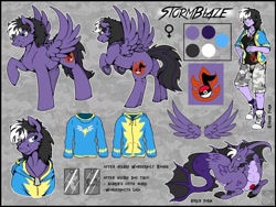 Size: 1024x771 | Tagged: safe, artist:stormblaze-pegasus, oc, oc only, oc:stormblaze, species:pegasus, species:pony, species:siren, my little pony:equestria girls, clothing, disguise, disguised siren, dog tags, fangs, female, fins, fish tail, gem, hoodie, mare, raised hoof, rearing, reference sheet, shorts, siren gem, spread wings, tomboy, wings