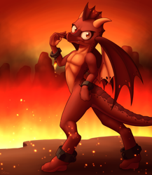 Size: 2600x3000 | Tagged: safe, artist:ohemo, species:dragon, broken chains, fire, lava, looking at you, shackles, smiling, solo, spread wings, wings