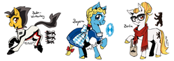 Size: 1417x500 | Tagged: safe, artist:taritoons, oc, oc only, unnamed oc, species:pony, nation ponies, baden-württemberg, bavaria, berlin, clothing, dirndl, dress, folk costume, germany, glasses, hipster, jumpsuit, ponified, scarf, simple background, white background