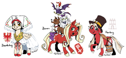 Size: 1953x908 | Tagged: safe, artist:taritoons, character:edith, character:opalescence, character:winona, oc, oc:bumblebee, oc:swirly key, unnamed oc, species:cockatrice, species:dog, species:earth pony, species:pegasus, species:pony, nation ponies, brandenburg, bremen, cat, clothing, folk costume, germany, grimm's complete fairy tales, hamburg, hat, ponified, simple background, top hat, town musicians of bremen, white background