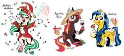 Size: 2106x950 | Tagged: safe, artist:taritoons, oc, oc only, oc:spring rose, unnamed oc, species:earth pony, species:pegasus, species:pony, nation ponies, alcohol, carnival, clothing, confetti, food, germany, hat, meat, ponies eating meat, ponified, sausage, uniform, wine, wing hands, wings