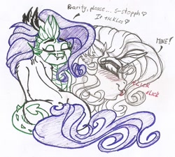 Size: 1145x1029 | Tagged: safe, artist:dimidiummorsumbra, character:rarity, character:spike, ship:sparity, blushing, dialogue, ear fluff, eyes closed, female, hug, licking, male, mine, shipping, sitting, sketch, straight, tongue out, traditional art
