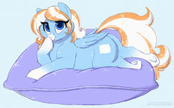 Size: 1387x867 | Tagged: safe, artist:prettypinkpony, oc, oc:cozy cotton, species:pegasus, species:pony, boop, chubby, cute, fat, female, freckles, lying down, mare, pillow, plump, self-boop, solo, underhoof