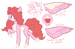 Size: 990x653 | Tagged: safe, artist:jellybeanbullet, character:pinkie pie, species:pegasus, species:pony, g5 leak, leak, coat markings, colored outlines, colored pupils, cute, diapinkes, eyebrows, eyebrows visible through hair, female, hair over one eye, mare, pegasus pinkie pie, pinkie pie (g5), race swap, raised hoof, redesign, simple background, socks (coat marking), solo, text, white background