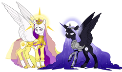 Size: 1020x604 | Tagged: safe, artist:jellybeanbullet, character:princess celestia, character:princess luna, species:alicorn, species:pony, leak, armor, duo, female, mare, princess celestia (g5), princess luna (g5), redesign, simple background, white background