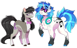 Size: 1385x861 | Tagged: safe, artist:wanderingpegasus, character:dj pon-3, character:octavia melody, character:vinyl scratch, species:earth pony, species:pony, species:unicorn, ship:scratchtavia, alternate hairstyle, bow tie, chest fluff, cloven hooves, coat markings, dappled, ear fluff, female, freckles, glasses, grin, headphones, lesbian, mare, markings, raised hoof, redesign, shipping, simple background, size difference, smiling, transparent background, unshorn fetlocks, vinyl's glasses