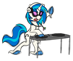 Size: 1400x1170 | Tagged: safe, artist:ramott, character:dj pon-3, character:vinyl scratch, species:pony, species:unicorn, bipedal, cloven hooves, female, glowstick, headphones, jewelry, mare, necklace, open mouth, simple background, solo, turntable, unshorn fetlocks, white background