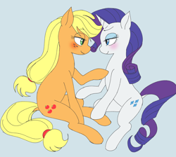 Size: 2384x2138 | Tagged: safe, artist:haibaratomoe, character:applejack, character:rarity, species:earth pony, species:pony, species:unicorn, ship:rarijack, blue background, blushing, eye contact, female, lesbian, looking at each other, mare, shipping, simple background, sitting