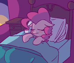 Size: 646x553 | Tagged: safe, anonymous artist, artist:rustydooks, character:pinkie pie, species:earth pony, species:pony, bed, blushing, colored, cute, diapinkes, eyes closed, female, floppy ears, mare, mlpg, nightstand, on back, on bed, pillow, sleeping, solo
