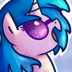 Size: 1000x1000 | Tagged: safe, artist:rustydooks, character:dj pon-3, character:vinyl scratch, species:pony, species:unicorn, blue background, bust, female, glasses, mare, open mouth, portrait, profile, simple background, smiling, solo