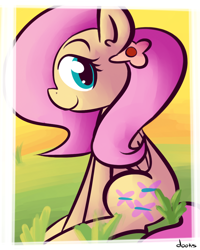 Size: 800x1000 | Tagged: safe, artist:rustydooks, character:fluttershy, species:pegasus, species:pony, cute, female, flower, flower in hair, looking at you, mare, profile, shyabetes, sitting, solo