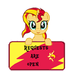 Size: 150x147 | Tagged: safe, artist:majkashinoda626, character:sunset shimmer, species:pony, species:unicorn, female, happy, request info, requests are open, sign, solo