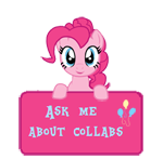 Size: 150x147 | Tagged: safe, artist:majkashinoda626, character:pinkie pie, ask me about collabs, collab info, female, sign, solo