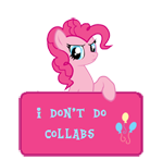 Size: 150x147 | Tagged: safe, artist:majkashinoda626, character:pinkie pie, angry, collab info, female, i don't do collabs, sign, solo