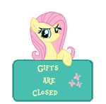 Size: 150x147 | Tagged: safe, artist:majkashinoda626, character:fluttershy, species:pegasus, species:pony, angry, female, gift info, gifts are closed, sign, solo