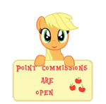 Size: 150x147 | Tagged: safe, artist:majkashinoda626, character:applejack, color error, female, happy, hatless, missing accessory, point commission info, point commissions are open, sign, simple background, solo, transparent background