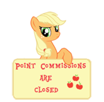 Size: 150x147 | Tagged: safe, artist:majkashinoda626, character:applejack, angry, color correction, female, hatless, missing accessory, point commission info, point commissions are closed, sign, simple background, solo, transparent background