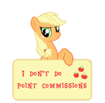Size: 150x147 | Tagged: safe, artist:majkashinoda626, character:applejack, angry, female, hatless, i don't do point commissions, missing accessory, picture for breezies, sign, simple background, solo, transparent background