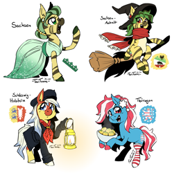 Size: 1417x1429 | Tagged: safe, artist:taritoons, oc, oc only, unnamed oc, species:earth pony, species:pony, species:zebra, nation ponies, broom, clothing, flying, flying broomstick, food, germany, hat, lantern, open mouth, ponified, saxony, saxony-anhalt, schleswig-holstein, simple background, singing, thuringia, white background, witch, witch hat