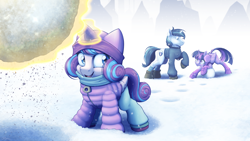Size: 4000x2250 | Tagged: safe, artist:ohemo, character:princess flurry heart, character:shining armor, character:twilight sparkle, character:twilight sparkle (alicorn), species:alicorn, species:pony, species:unicorn, g4, aunt and niece, best aunt ever, boots, clothing, cutie mark, earmuffs, family, father and daughter, female, filly, giant snowball, hat, high res, jacket, magic, male, mare, scarf, shoes, smiling, snow, snowball, snowball fight, socks, stallion, telekinesis, this will end in pain, trio, winter, winter jacket
