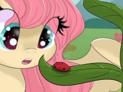 Size: 1600x1200 | Tagged: safe, artist:janelearts, character:fluttershy, species:pegasus, species:pony, amazed, big eyes, bust, cute, eye clipping through hair, female, insect, ladybug, looking at something, open mouth, outdoors, shyabetes, starry eyes, wingding eyes