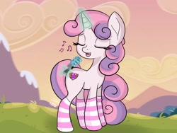 Size: 1600x1200 | Tagged: safe, artist:janelearts, character:sweetie belle, species:pony, species:unicorn, clothing, eyes closed, female, levitation, magic, microphone, music notes, singing, socks, solo, striped socks, telekinesis