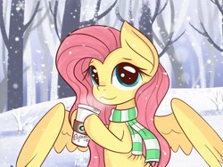 Size: 1600x1200 | Tagged: safe, artist:janelearts, character:fluttershy, species:pegasus, species:pony, :3, catface, clothing, coffee, cute, female, looking at you, scarf, shyabetes, snow, snowfall, snowflake, solo, tree, winter