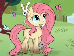 Size: 1600x1200 | Tagged: safe, artist:janelearts, character:fluttershy, species:earth pony, species:pony, species:rabbit, animal, butterfly, cute, dirty, dirty hooves, female, flower, flower in mouth, herbivore, horses doing horse things, missing cutie mark, mouth hold, race swap, shyabetes, solo, wingless