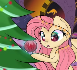 Size: 1318x1200 | Tagged: safe, artist:janelearts, character:fluttershy, species:pegasus, species:pony, bauble, big eyes, christmas, christmas lights, christmas ornament, christmas tree, cute, decoration, female, holiday, open mouth, shyabetes, solo, sparkly eyes, tree