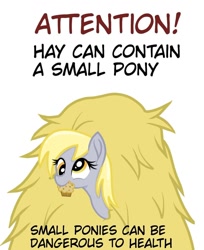 Size: 1000x1226 | Tagged: safe, artist:janelearts, character:derpy hooves, species:pegasus, species:pony, cute, derpabetes, female, food, hay, mare, mouth hold, muffin, simple background, solo, text, warning, white background