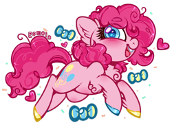 Size: 588x421 | Tagged: safe, artist:esmeia, character:pinkie pie, species:earth pony, species:pony, blushing, bow, chest fluff, colored hooves, colored pupils, cute, diapinkes, ear fluff, eye clipping through hair, eyebrows, eyebrows visible through hair, female, heart, leg fluff, mare, open mouth, simple background, solo, transparent background