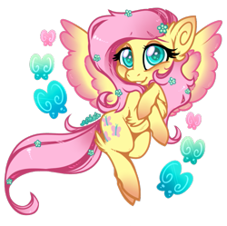 Size: 601x598 | Tagged: safe, artist:esmeia, character:fluttershy, species:pegasus, species:pony, butterfly, chest fluff, cute, ear fluff, female, flower, flower in hair, leg fluff, looking at you, mare, shyabetes, simple background, smiling, solo, spread wings, transparent background, two toned wings, wings