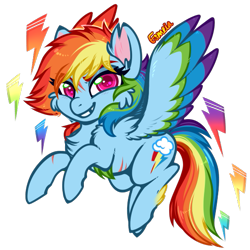 Size: 549x550 | Tagged: safe, artist:esmeia, character:rainbow dash, species:pegasus, species:pony, cheek fluff, chest fluff, colored wings, cute, dashabetes, ear fluff, eyebrows, eyebrows visible through hair, female, lightning, looking at you, mare, multicolored wings, scar, simple background, smiling, solo, transparent background, wings
