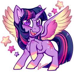 Size: 564x547 | Tagged: safe, artist:esmeia, character:twilight sparkle, character:twilight sparkle (alicorn), species:alicorn, species:pony, cheek fluff, chest fluff, colored hooves, colored wings, cute, ear fluff, eye clipping through hair, eyebrows, eyebrows visible through hair, female, leg fluff, looking at you, mare, multicolored wings, simple background, solo, spread wings, stars, transparent background, twiabetes, wings
