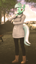 Size: 1080x1920 | Tagged: safe, artist:spinostud, character:lyra heartstrings, species:anthro, species:plantigrade anthro, species:pony, species:unicorn, 3d, boots, car, clothing, looking at you, park, shoes, source filmmaker, sweater