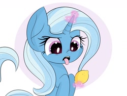 Size: 1600x1200 | Tagged: safe, artist:janelearts, character:trixie, species:pony, species:unicorn, abstract background, disgusted, eww, female, food, lemon, magic, solo, telekinesis, tongue out