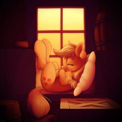 Size: 4000x4000 | Tagged: safe, artist:ohemo, character:applejack, species:earth pony, species:pony, absurd resolution, curled up, cute, digital art, female, jackabetes, mare, nap, pillow, sleeping, smiling, solo