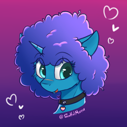 Size: 800x800 | Tagged: safe, artist:soulfulmirror, oc, oc:cyanus blues, species:pony, species:unicorn, afro, bust, choker, female, gradient background, horn, portrait, scar, solo, tongue out