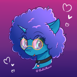 Size: 800x800 | Tagged: safe, alternate version, artist:soulfulmirror, oc, oc:cyanus blues, species:pony, species:unicorn, afro, bust, choker, female, glasses, gradient background, horn, portrait, scar, solo, tongue out