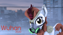 Size: 1920x1080 | Tagged: safe, artist:spinostud, character:autumn blaze, species:kirin, 3d, china, city, coronavirus, covid-19, female, gas mask, looking at you, mask, solo, source filmmaker, wuhan