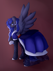 Size: 1500x2000 | Tagged: safe, artist:dreamy, artist:littledreamycat, oc, oc:moonlight, parent:princess luna, species:alicorn, species:pony, abstract background, clothing, commission, dress, elegant, ethereal mane, galaxy mane, smiling, solo, spread wings, wings