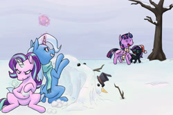 Size: 1280x853 | Tagged: safe, artist:rawrienstein, character:starlight glimmer, character:trixie, character:twilight sparkle, character:twilight sparkle (alicorn), oc, oc:nyx, species:alicorn, species:pony, species:unicorn, female, mother and child, mother and daughter, snow, snowball, snowball fight, snowman, tree