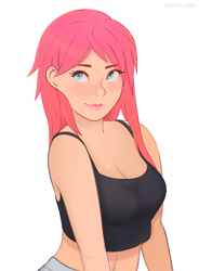 Size: 840x1140 | Tagged: safe, artist:noah-x3, oc, oc:neon flare, species:human, belly button, blue eyes, breasts, cleavage, clothing, female, happy, human female, humanized, humanized oc, midriff, pink hair, sexy, simple background, sleeveless, smiling, smirk, solo, sultry pose, tank top, top, white background