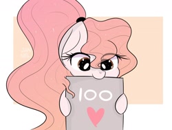 Size: 1600x1200 | Tagged: safe, artist:janelearts, oc, oc only, species:pony, eye clipping through hair, heart, hoof hold, looking down, milestone, mouth hold, solo