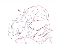 Size: 1600x1200 | Tagged: safe, artist:janelearts, character:big mcintosh, character:sugar belle, species:earth pony, species:pony, species:unicorn, ship:sugarmac, eyes closed, female, heart, hug, lineart, love, male, monochrome, shipping, sketch, smiling, straight