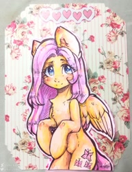 Size: 989x1280 | Tagged: safe, artist:zefirka, character:fluttershy, species:pegasus, species:pony, bipedal, chest fluff, cute, eye clipping through hair, female, heart, looking at you, mare, shyabetes, smiling, solo, spread wings, three quarter view, traditional art, wings