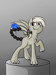 Size: 3000x4000 | Tagged: safe, artist:fakskis, oc, oc only, oc:hybrid, species:pony, bat wings, chest fluff, claws, commission, fangs, female, hybrid, mare, paws, poison joke, scorpion tail, solo, wings
